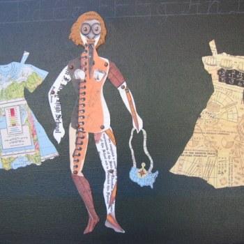 Collaged paper doll with math and geography dresses