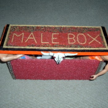 Brass mail box, beaded, with 2 Ken dolls inside