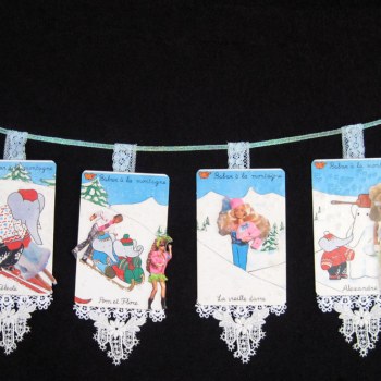 Banner made from collaged and combined Barbie and Babar cards