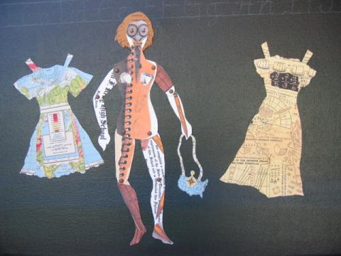 Collaged paper doll with math and geography dresses