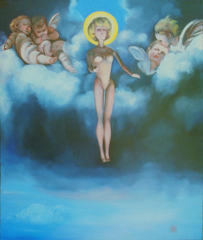 Oil painting of Barbie as Saint Barbara